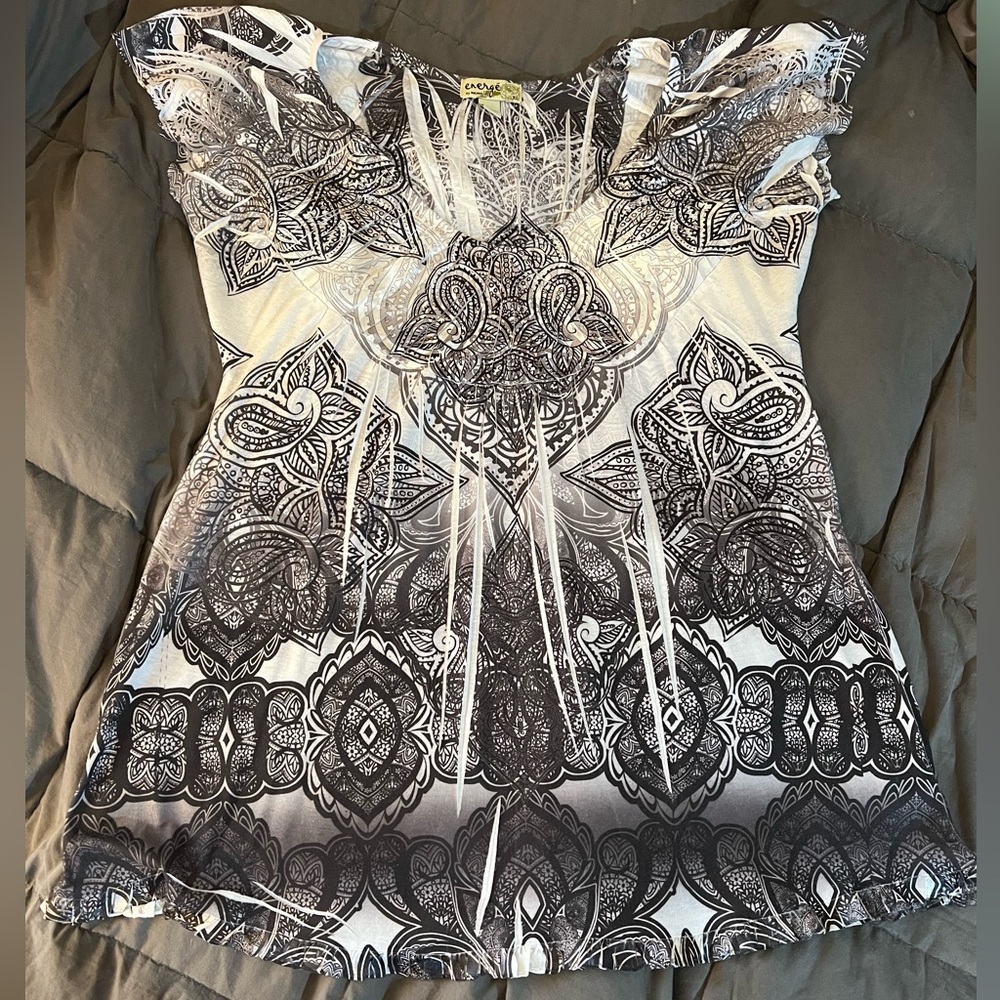 Energe Boho pattern short sleeve Blouse shirt XL